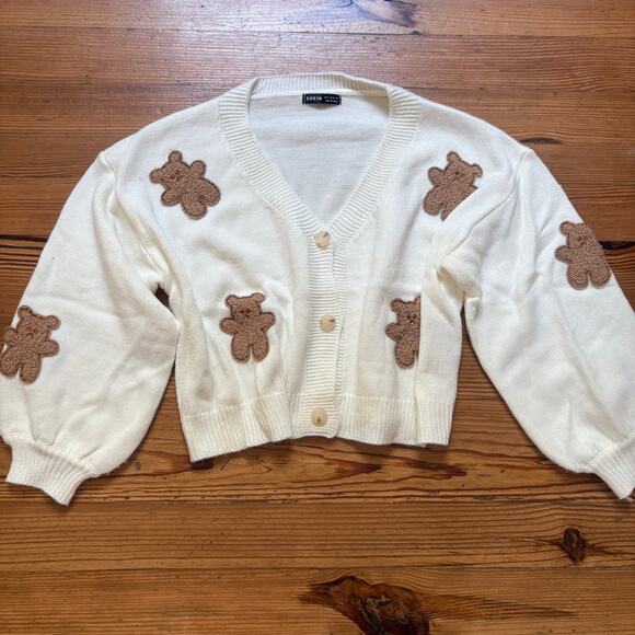 Shein ivory sad teddy bear patches bubble sleeve cropped cardigan sweater SIZE S - Picture 1 of 5